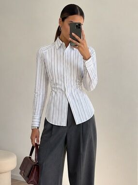 YAS YASAREKA White Black Stripe Long Sleeve Fitted Button Shirt Size 36